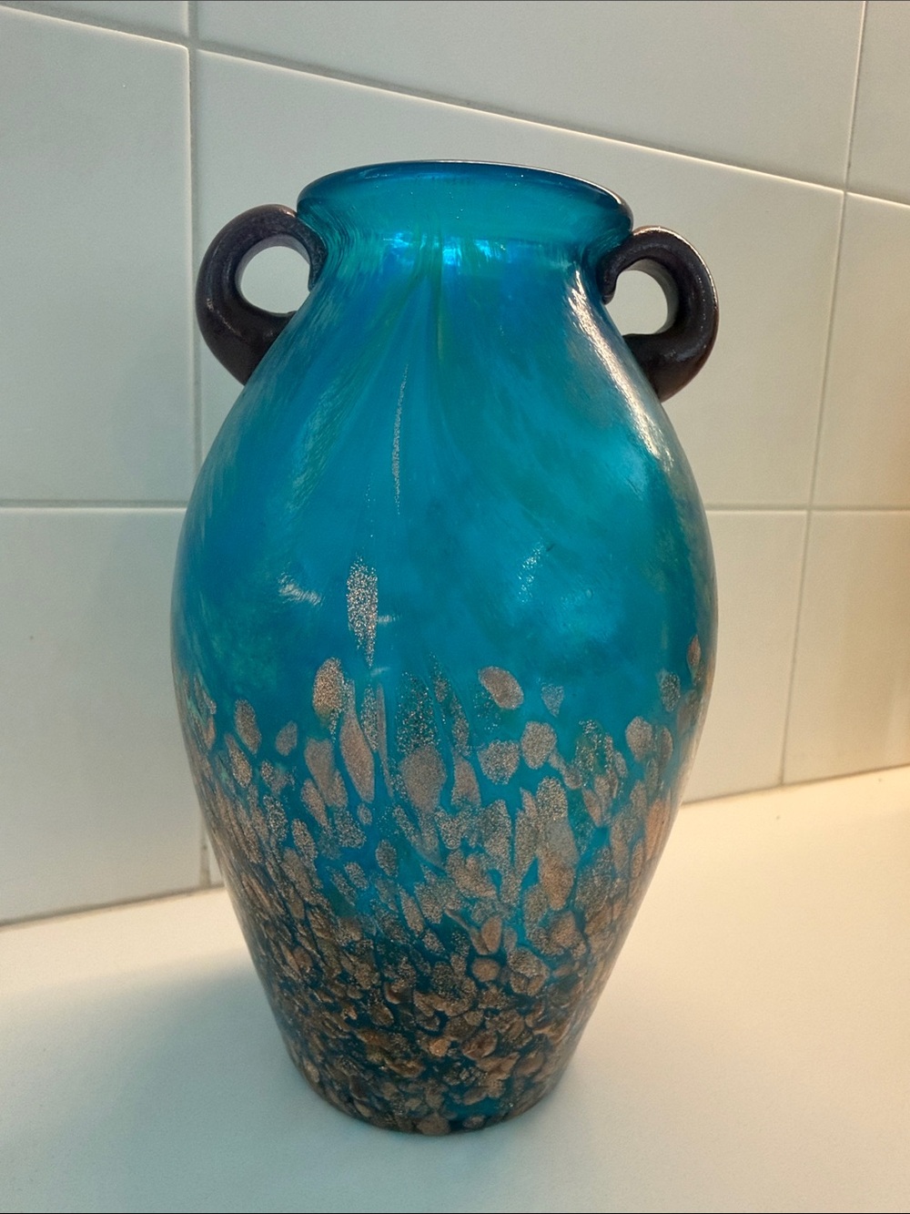 Dale Tiffany Teal Art Glass Vase with Metallic Gold Speckle